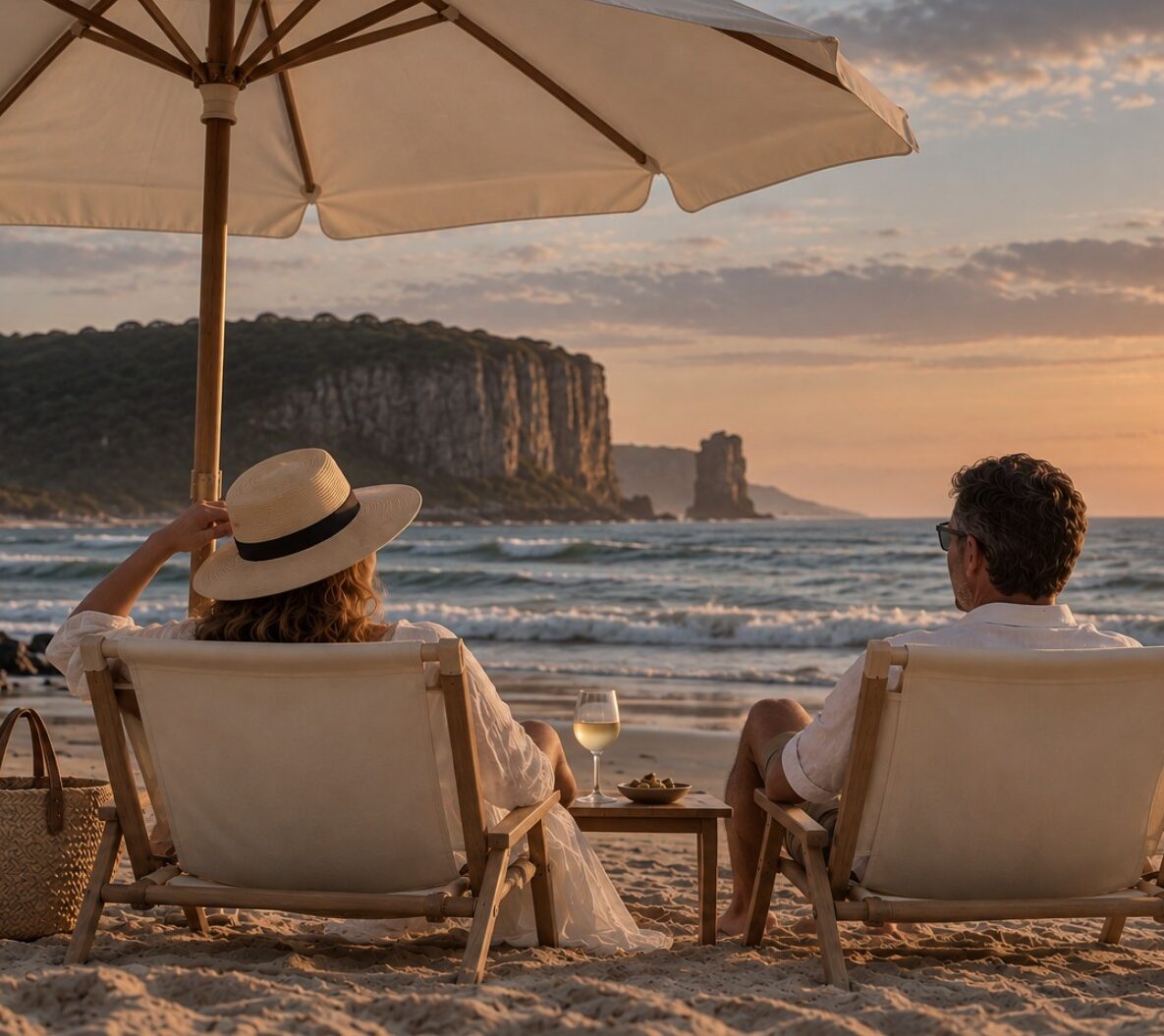Casal sentado em cadeiras de praia sob guarda-sol